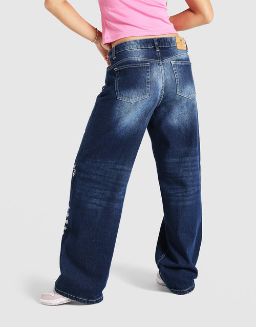 Mid Wash Diamanté Wide Leg Jeans