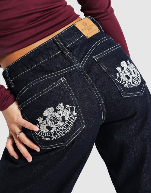 Dog Crest Wide Leg Indigo Denim Jeans