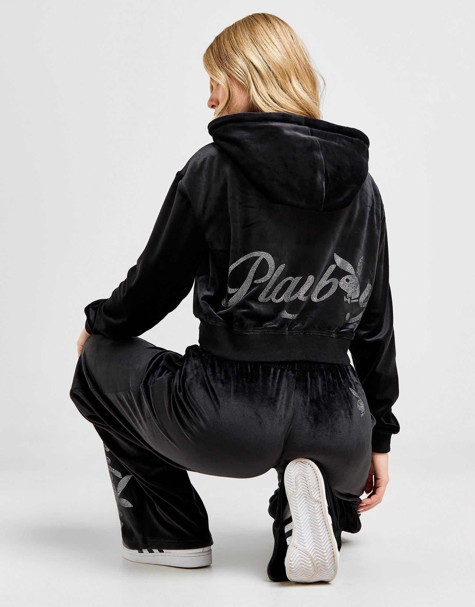 Black Playboy Diamante Velour Full Zip Hoodie - JD Sports Singapore