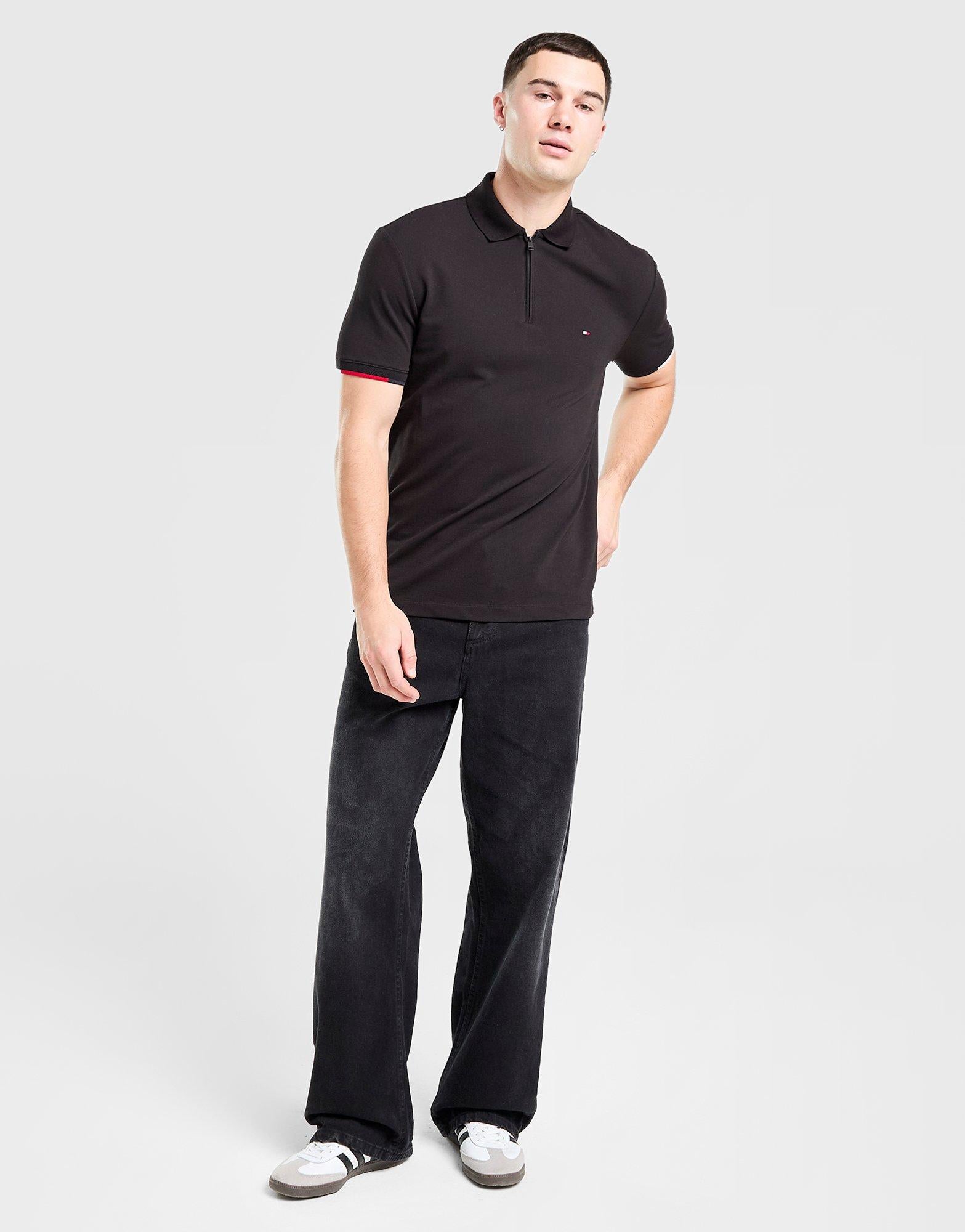 Black Tommy Hilfiger Zipped Polo Shirt - JD Sports Singapore