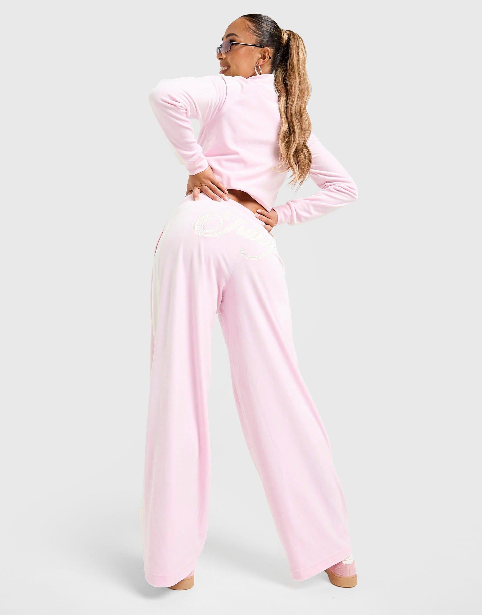 Pink Juicy Couture Script Velour Wide Track Pants - JD Sports