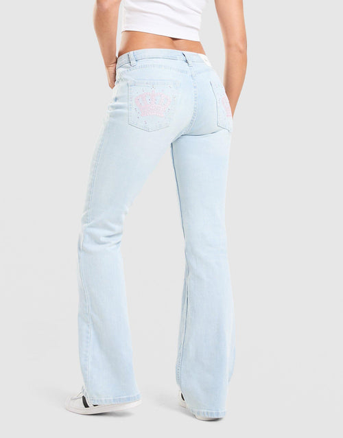 Low Rise Diamante Crown Denim Jeans