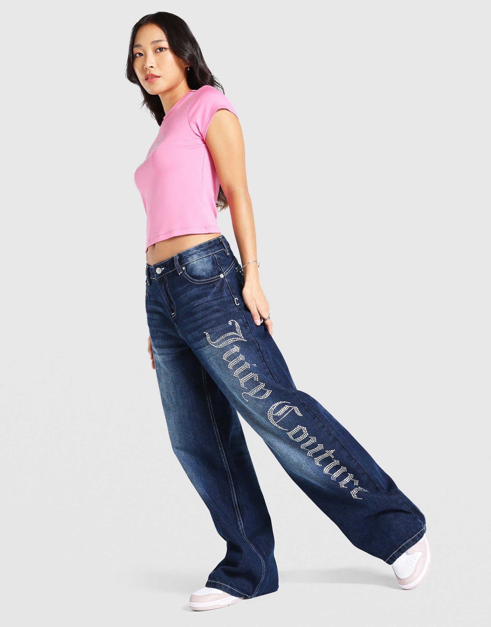 Mid Wash Diamanté Wide Leg Jeans