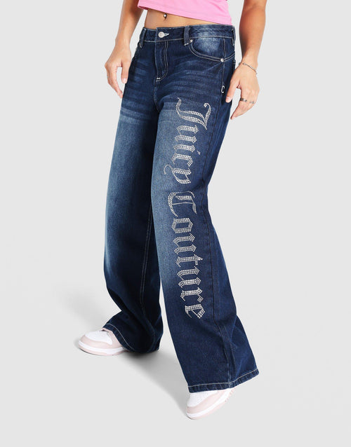Mid Wash Diamanté Wide Leg Jeans