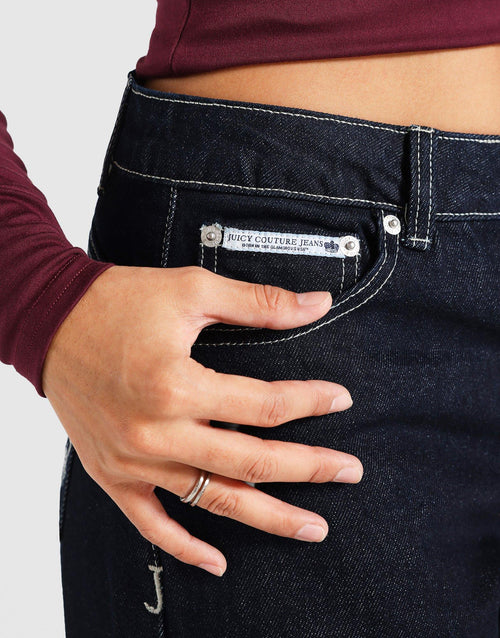 Dog Crest Wide Leg Indigo Denim Jeans