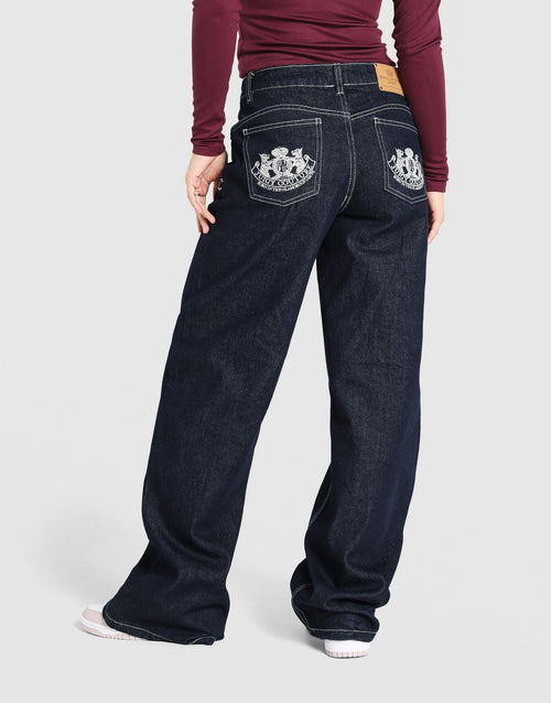 Dog Crest Wide Leg Indigo Denim Jeans