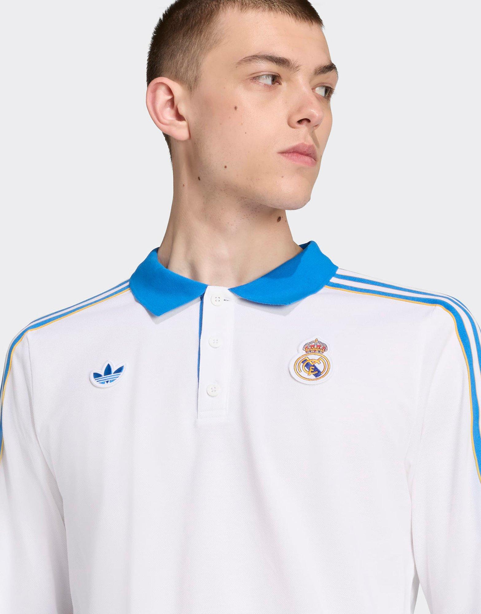 White adidas Real Madrid Terrace Icons Long Sleeve Polo Shirt - JD